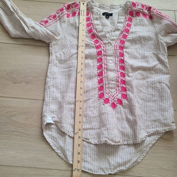 J. Crew Top XS Beige Striped Pink Embroidered Linen Boho Pullover Shirt - Picture 11 of 11